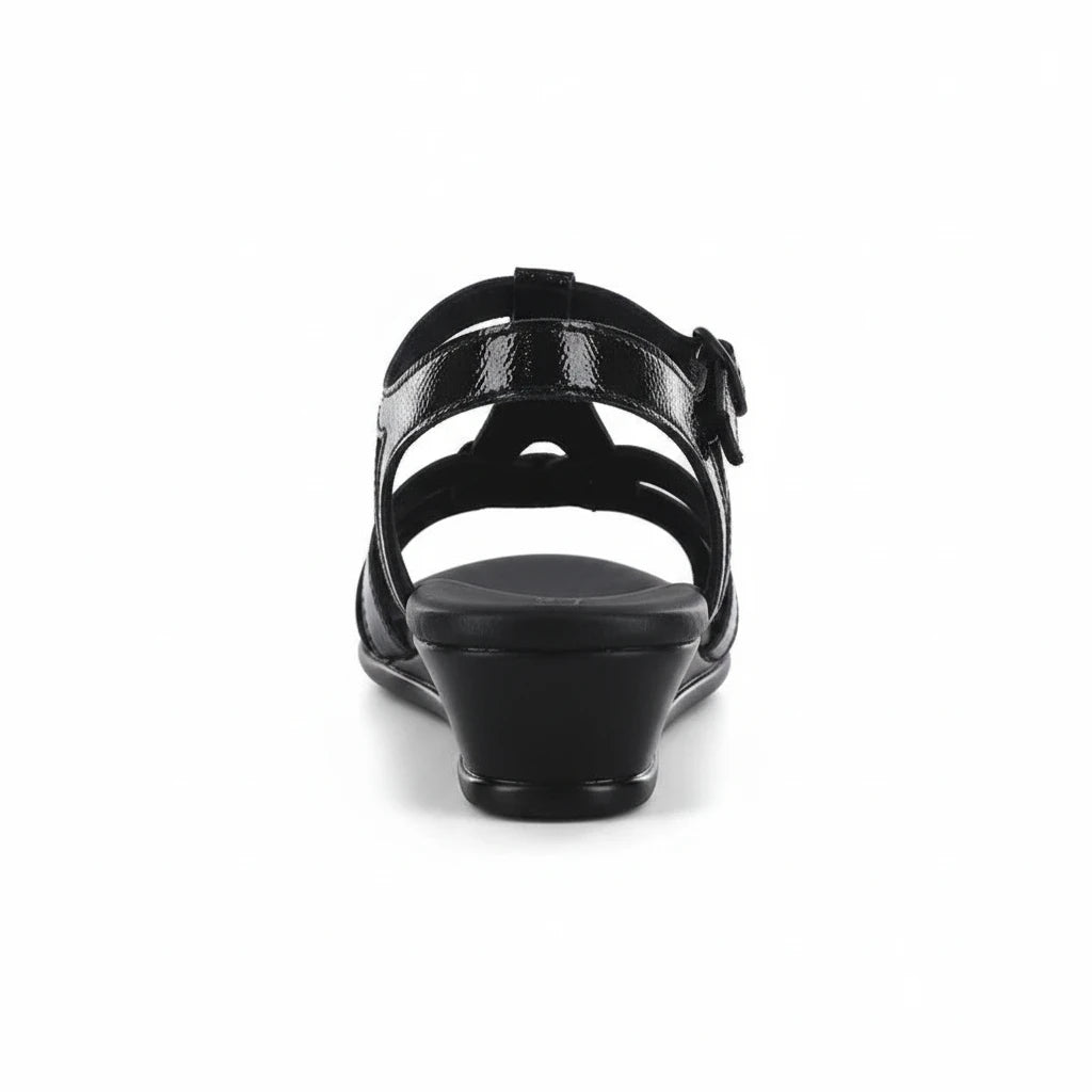 Allen's Bootery Aurora carbon black sandal with adjustable buckle strap and cushioned wedge heel, rear view.