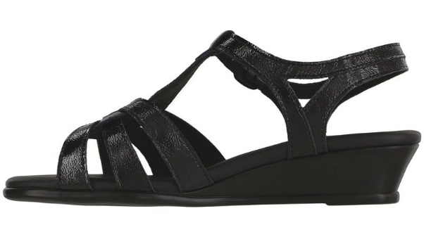 Allen's Bootery Aurora carbon black wedge sandal with adjustable buckle strap and cushioned footbed
