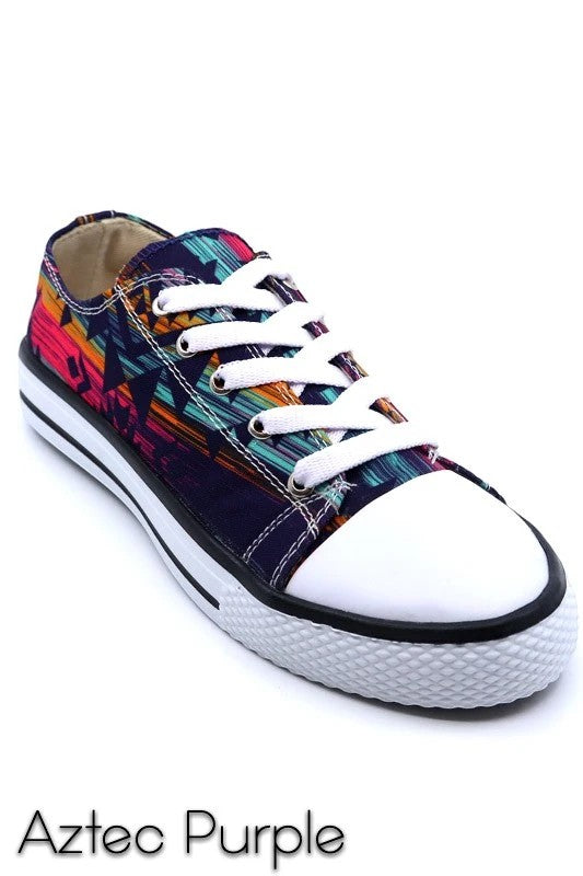 Allen's Bootery Star-1 low cut sneakers in purple with a vibrant Aztec geometric print and white rubber toe cap.