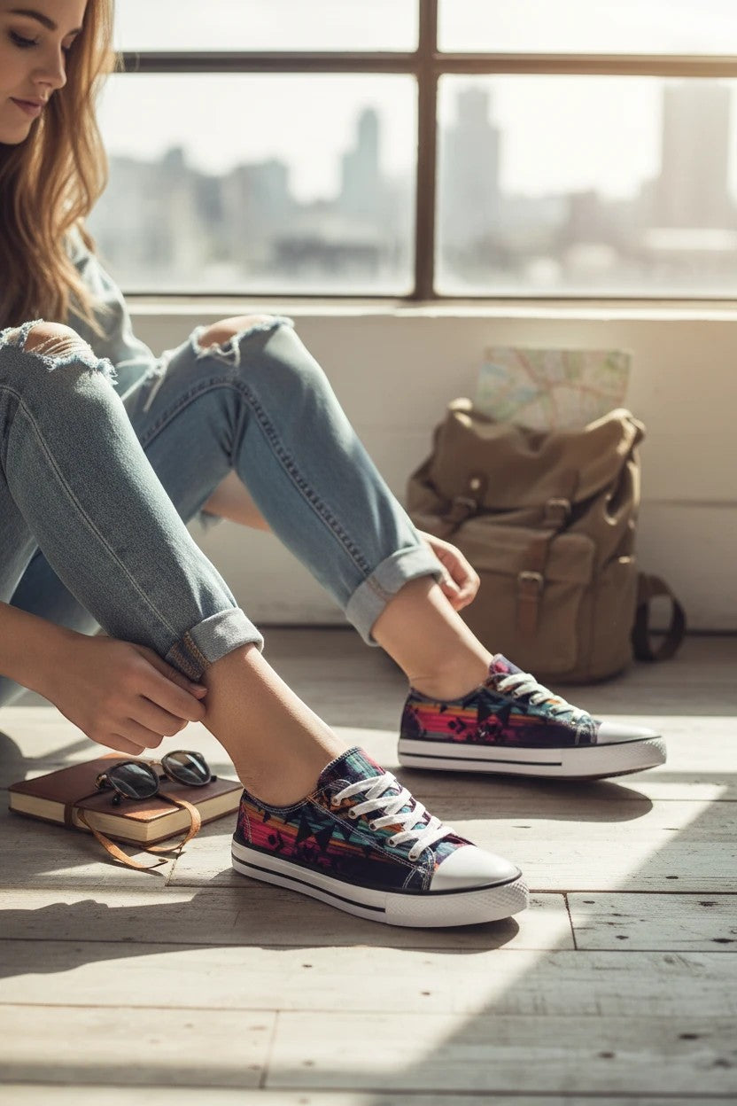Woman wearing Allen's Bootery Star-1 Aztec purple low cut sneakers with white laces and rubber soles in a sunlit room.