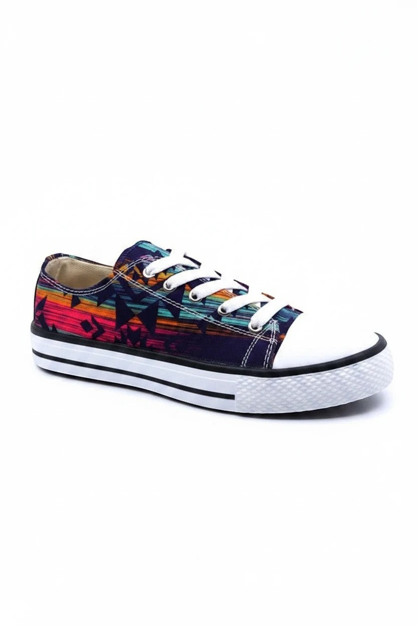 Allen's Bootery Star-1 low cut sneakers featuring a vibrant purple Aztec print and white rubber toe cap.