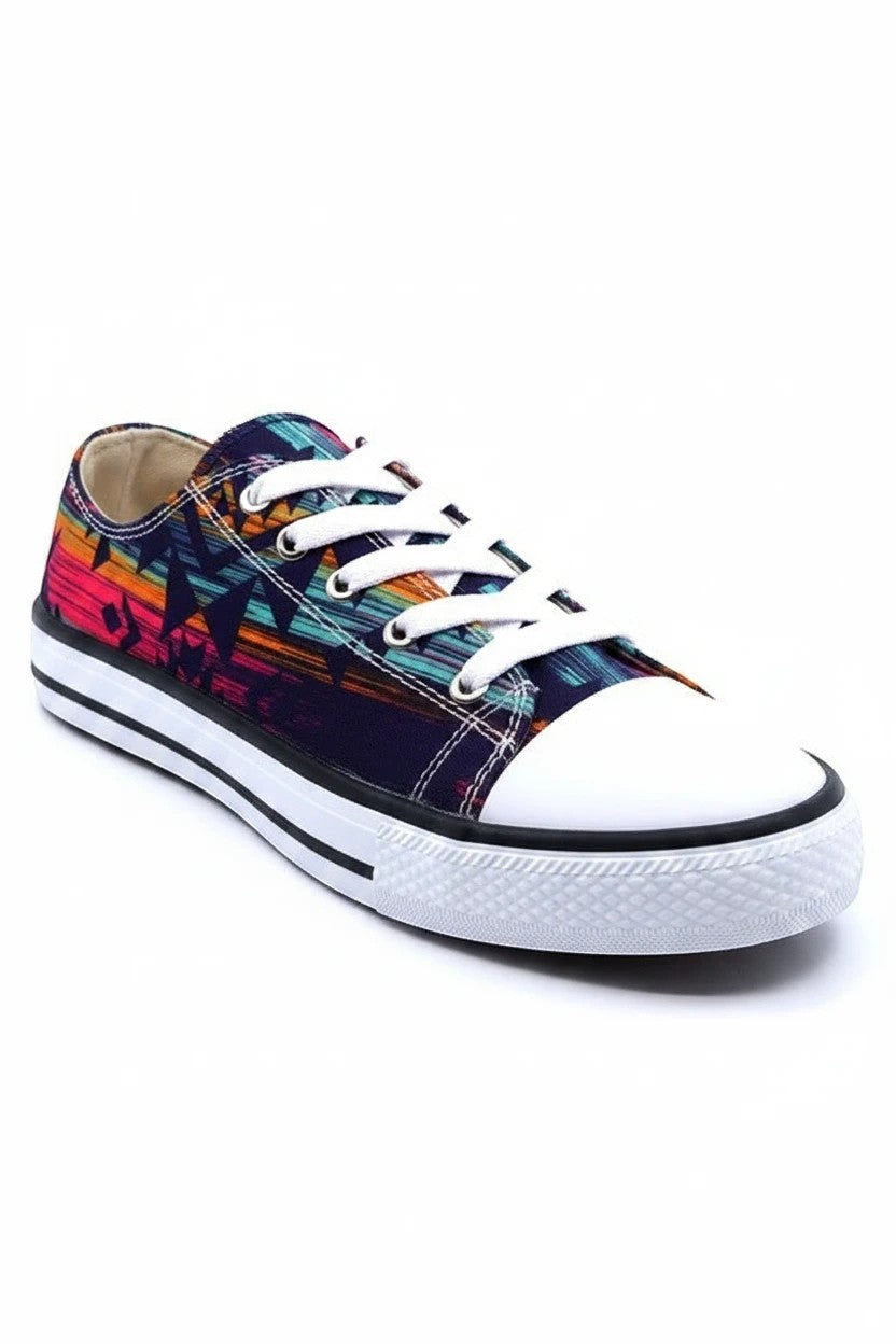 Allen's Bootery Star-1 low cut sneakers featuring a vibrant purple Aztec print canvas and white rubber toe cap.
