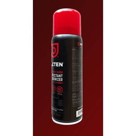 Allen's Bootery Bacten shoe disinfectant and deodorizer spray can with red cap, kills MRSA and fungus.
