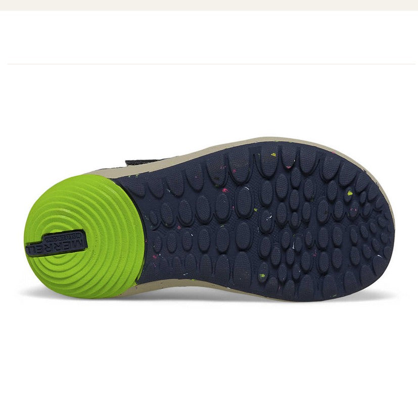 Allen's Bootery Baresteps A83 toddler sneaker showing the flexible navy and green recycled rubber traction outsole.