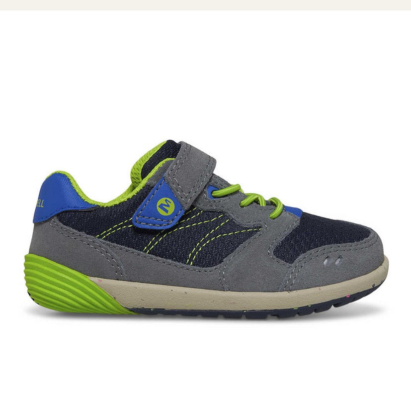 Allen's Bootery Baresteps A83 toddler sneaker in navy and grey with green accents, featuring a hook and loop closure.