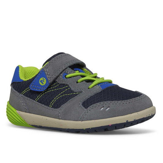 Allen's Bootery Baresteps A83 toddler sneaker in navy and grey with green accents, featuring a hook and loop closure.