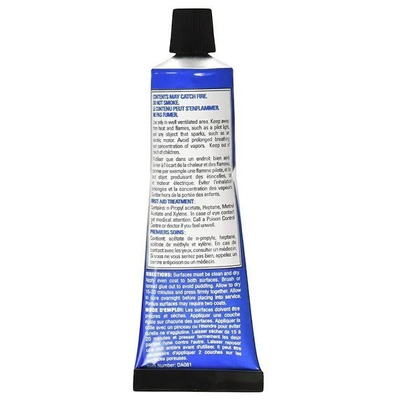 Allen's Bootery Barge High Strength Cement Blue All-Purpose Adhesive 2 oz tube with black cap. Features warning labels.
