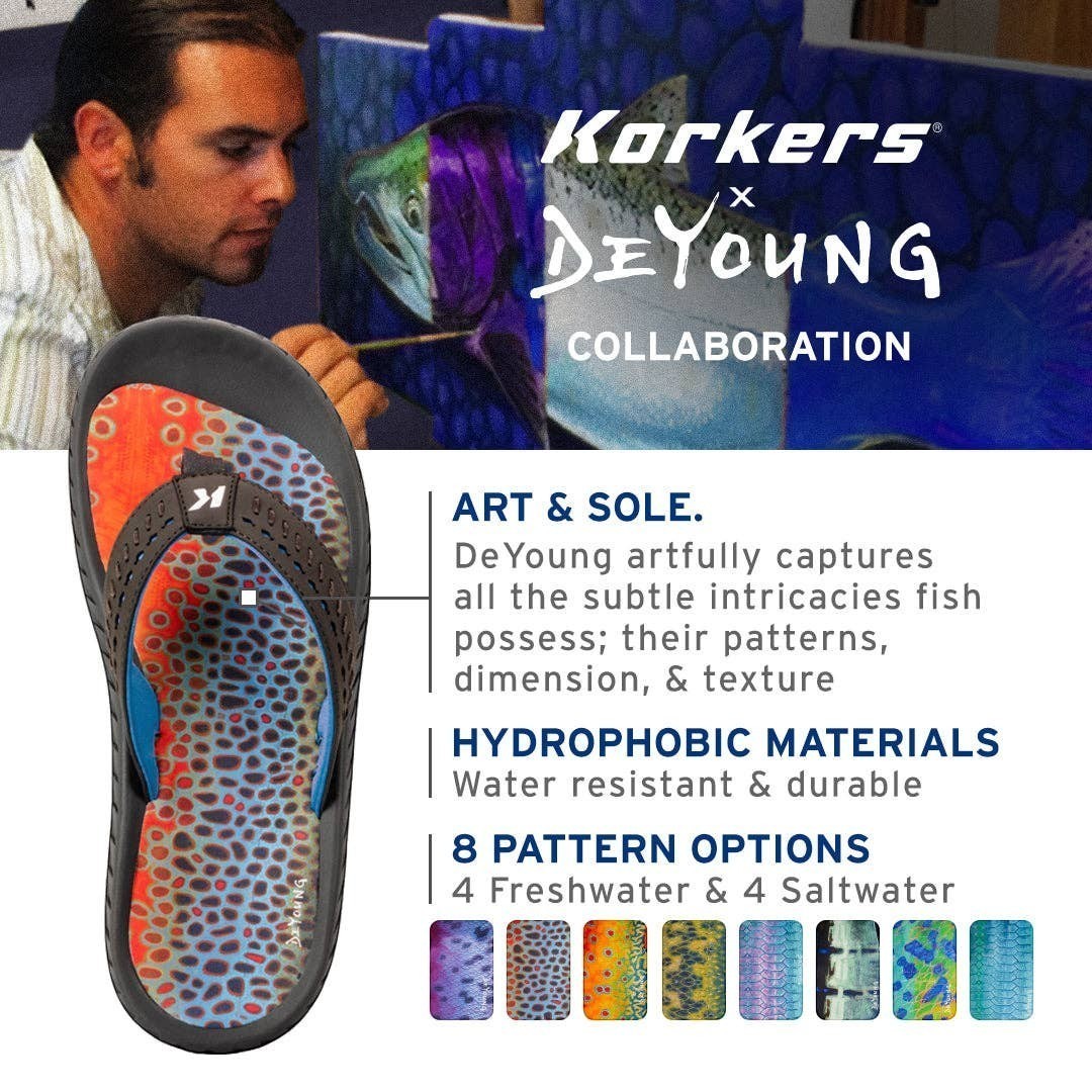 Allen's Bootery Men's Fish Flip Bass flip-flops with Derek DeYoung fish art print on the footbed and brown straps.