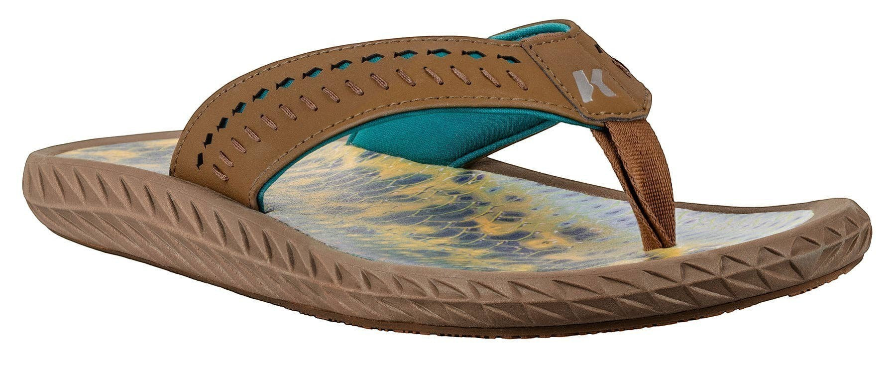 Allen's Bootery Men's Fish Flip sandals with brown leather straps, teal lining, and a Derek DeYoung bass fish print footbed.