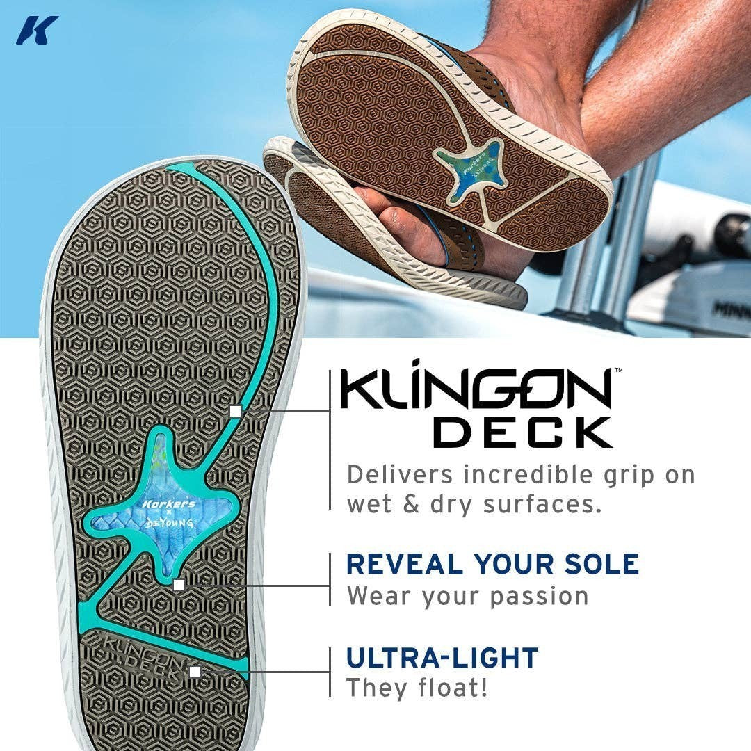 Allen's Bootery Men's Fish Flip Bass sandals with brown straps and detailed fish print EVA footbed. Non-marking rubber sole.