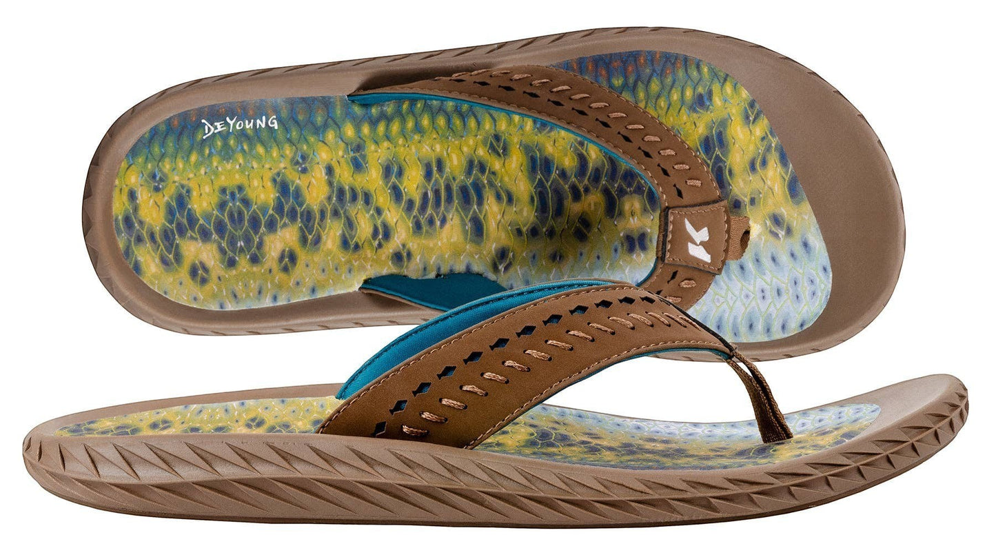 Allen's Bootery Men's Fish Flip Bass thong sandals with brown straps and a vibrant fish print footbed.