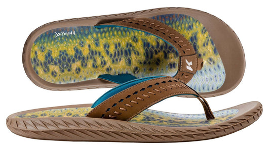 Allen's Bootery Men's Fish Flip Bass thong sandals with brown straps and a vibrant fish print footbed.