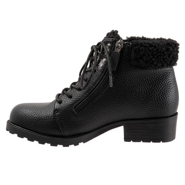Allen's Bootery Becky 2.0 black tumbled leather ankle boot with faux fur collar, side zipper, and lace-up closure.