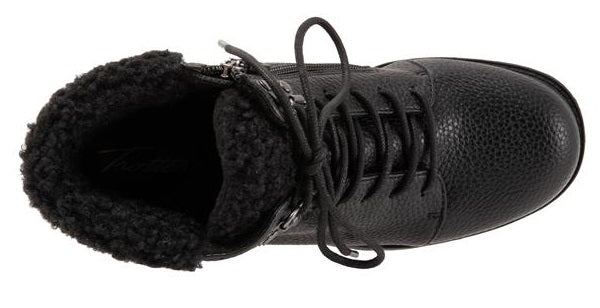 Allen's Bootery Becky 2.0 black tumbled waterproof ankle boot with faux fur lining and side zipper, top view
