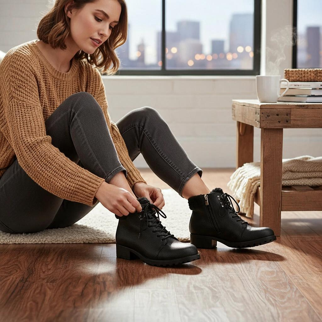 Woman tying laces on Allen's Bootery Becky 2.0 black tumbled weatherproof ankle boots with faux fur lining