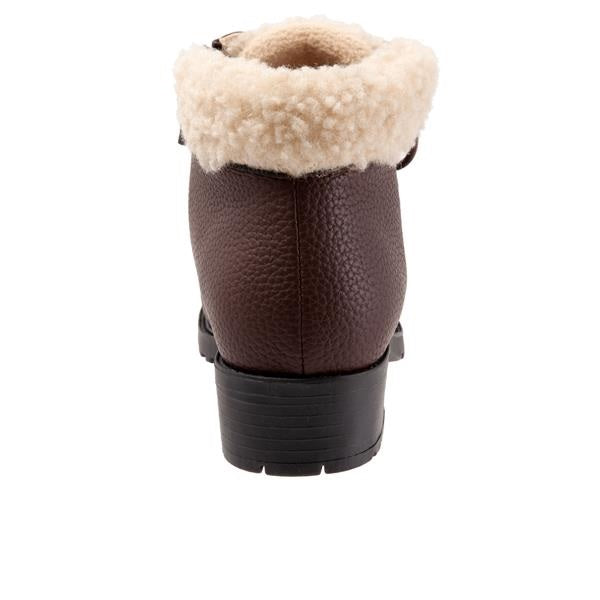Allen's Bootery Becky 2.0 dark brown tumbled ankle boot with a cream faux fur padded collar and black rubber sole