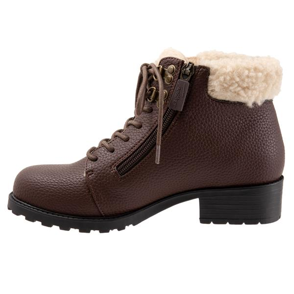 Allen's Bootery Becky 2.0 dark brown tumbled leather ankle boot with faux fur collar, side zipper, and lace-up front.