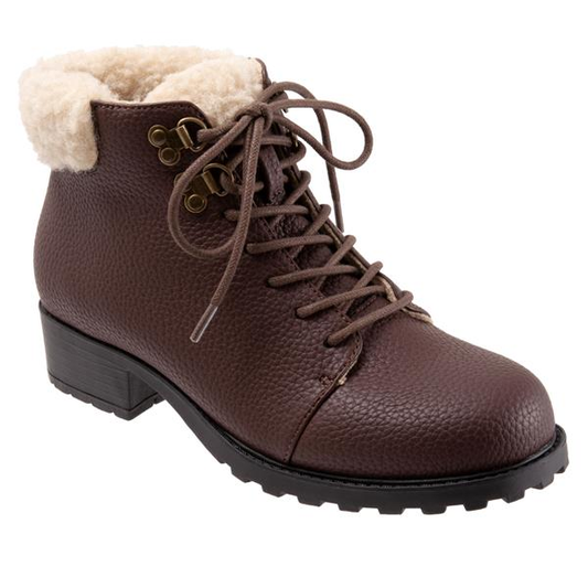 Allen's Bootery Becky 2.0 dark brown tumbled waterproof ankle boot with faux fur collar, laces, and side zipper.
