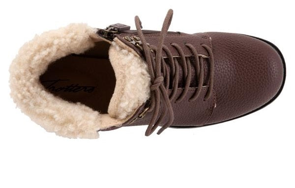 Allen's Bootery Becky 2.0 dark brown tumbled ankle boot with faux fur lining, lace-up front, and side zipper.