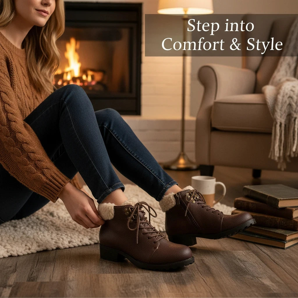 Allen's Bootery Becky 2.0 dark brown tumbled ankle boots with faux fur collar and laces worn by a woman by a fireplace