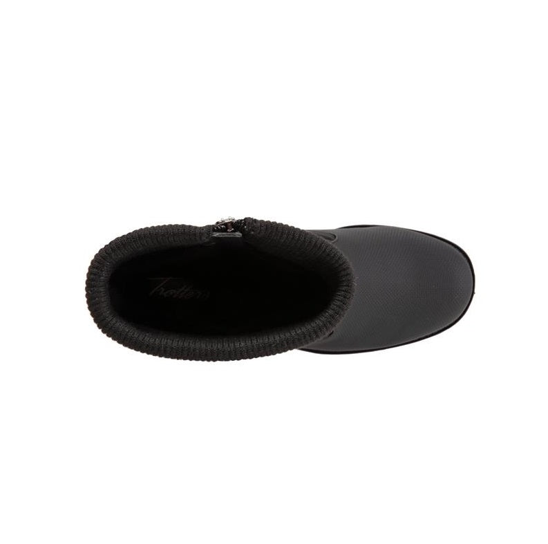 Top view of Allen's Bootery Berry Mid black weatherproof boot with a padded knit collar and faux fur lining.