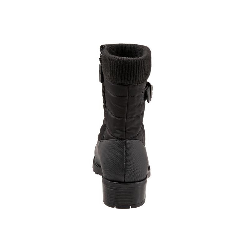 Allen's Bootery Berry Mid black weatherproof boot showing the back view with a padded knit collar and side zipper