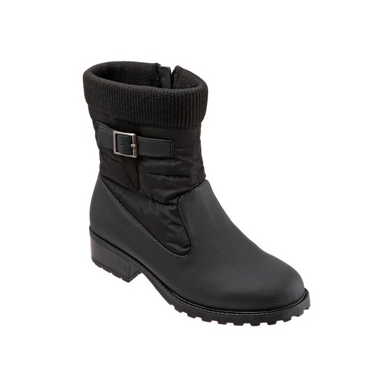 Allen's Bootery Berry Mid black weatherproof winter boot with a knit collar, side zipper, and buckle detail.