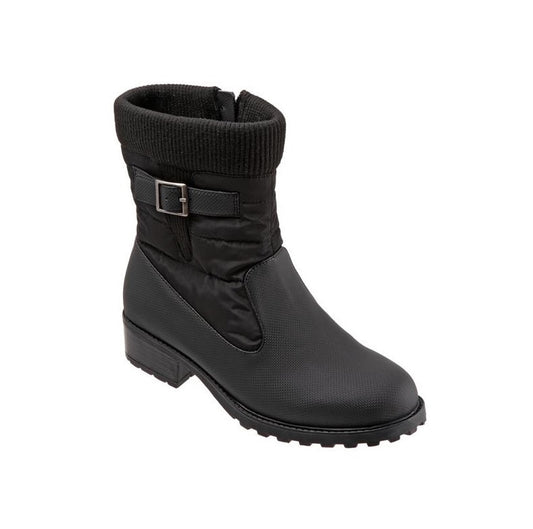 Allen's Bootery Berry Mid black weatherproof winter boot with a knit collar, side zipper, and buckle detail.