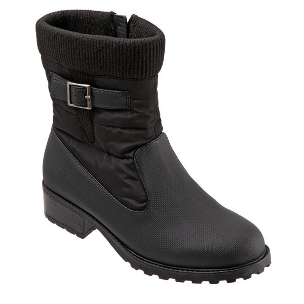 Allen's Bootery Berry Mid black weatherproof boot with a padded knit collar, side zipper, and faux fur lining.