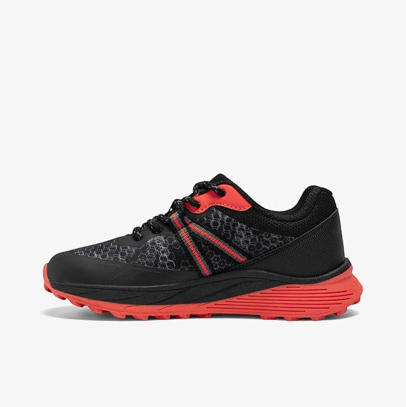 Allen's Bootery Big Kid's SNOVA black and orange mesh lace-up athletic shoes with red accents.