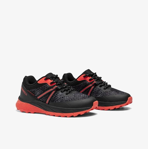 Allen's Bootery Big Kid's SNOVA black and orange mesh athletic shoes with lace-up closure and red soles.