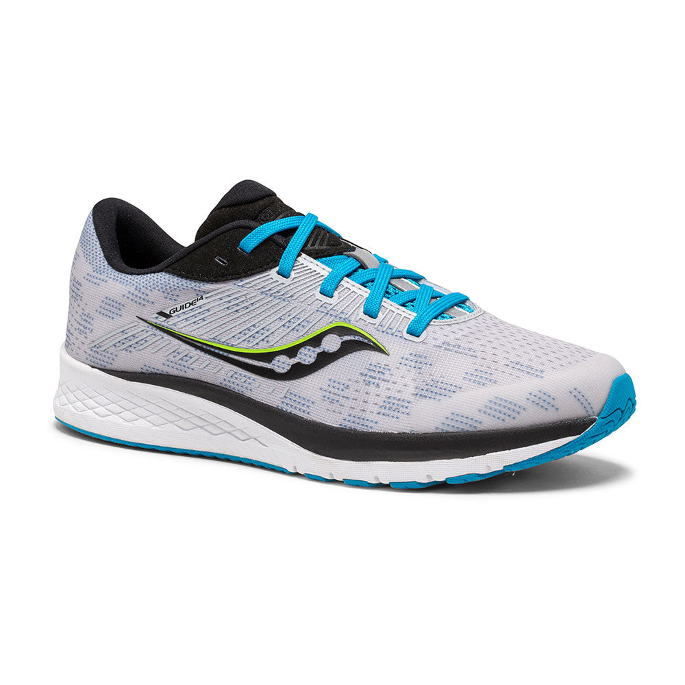 Allen's Bootery Big Kid's Guide running shoe in light grey mesh with blue laces and black accents