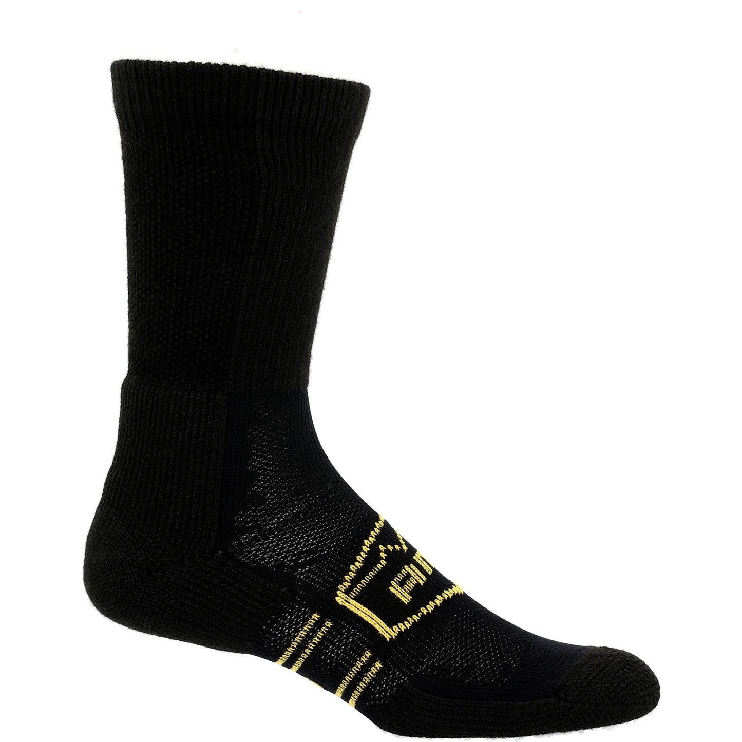 Allen's Bootery black Georgia Boot AMP MAX crew socks with yellow branding and targeted compression zones