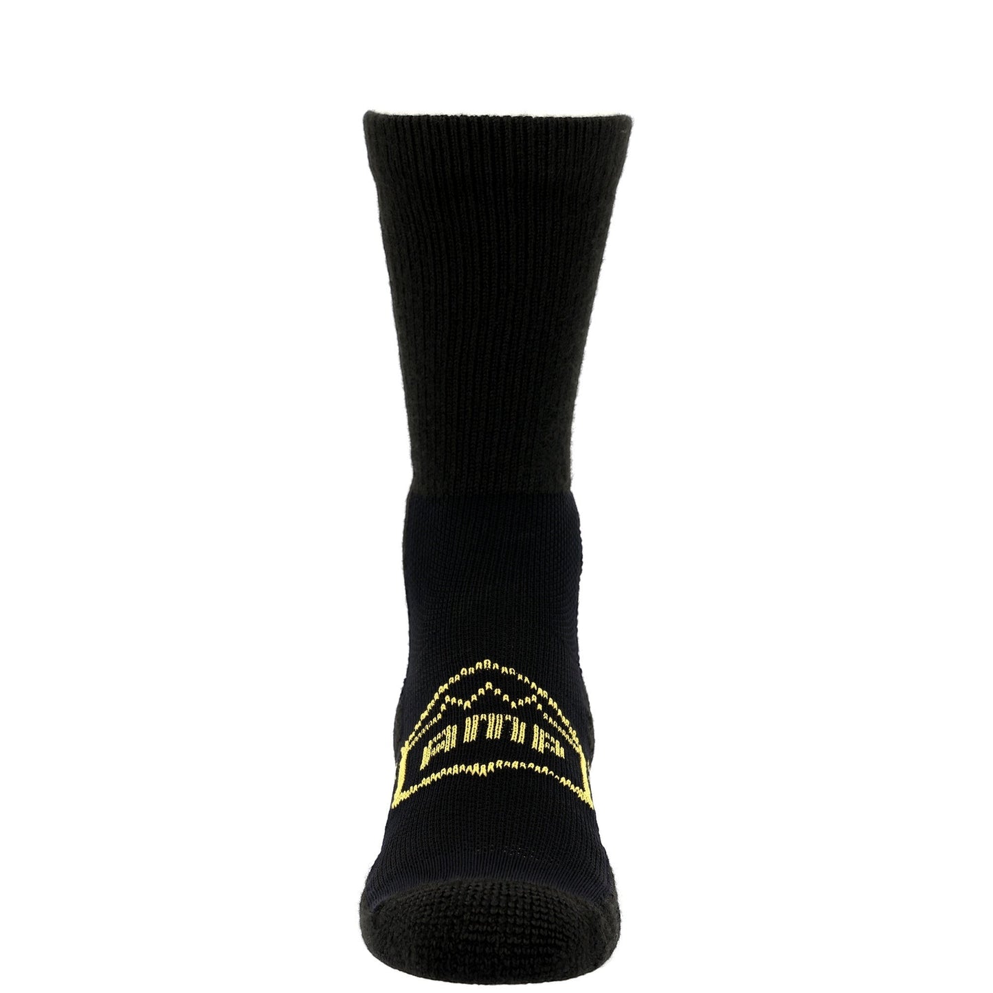 Allen's Bootery black Georgia Boot AMP MAX crew socks with yellow logo detail on the arch for moisture-wicking comfort.