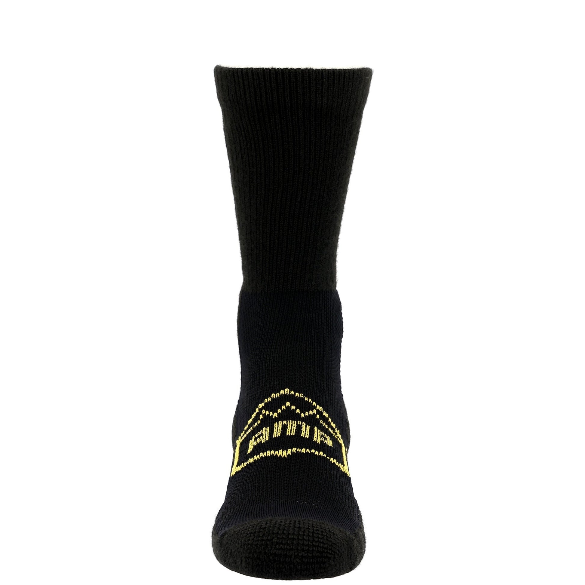 Allen's Bootery black Georgia Boot AMP MAX crew socks with yellow logo detail on the arch for moisture-wicking comfort.