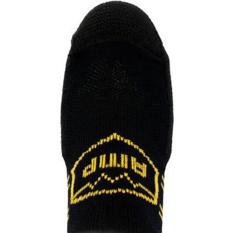 Allen's Bootery black Georgia Boot AMP MAX crew sock with yellow logo detail and reinforced toe padding
