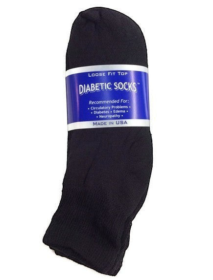 Allen's Bootery black diabetic ankle socks with non-binding loose fit top for comfort and circulation support.