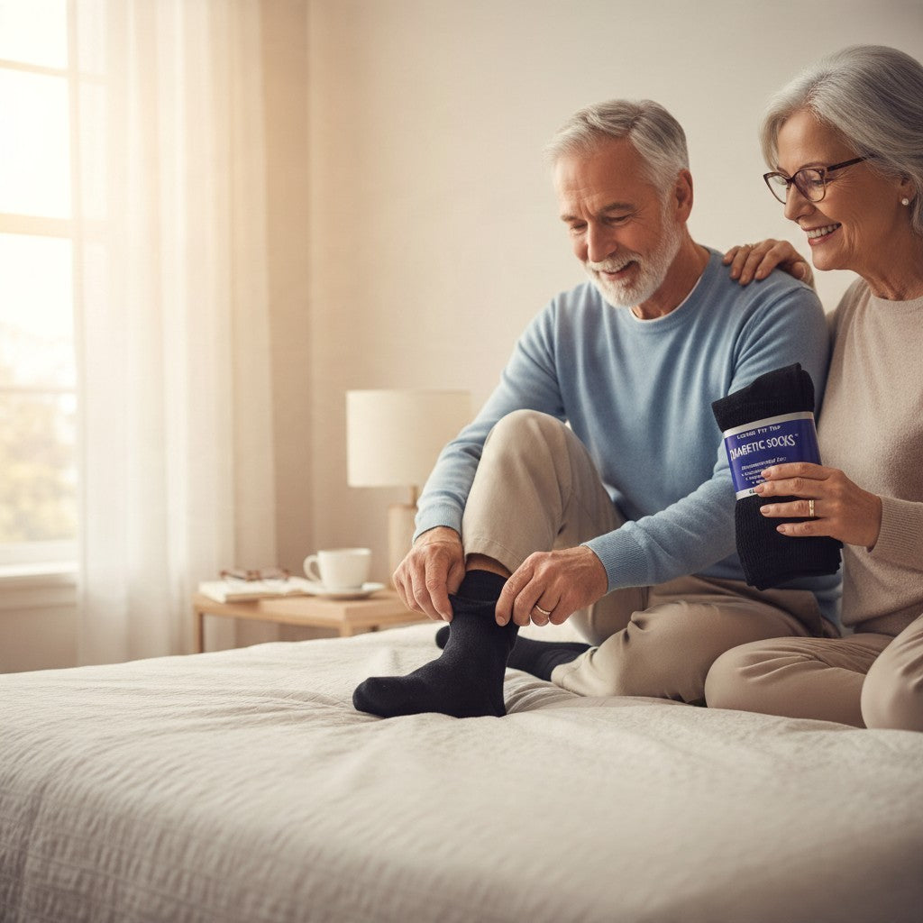 Allen's Bootery non-binding black crew diabetic socks being put on by an older man sitting on a bed with his wife.