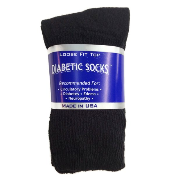 Allen's Bootery black crew diabetic socks with non-binding loose fit top, made in the USA for comfort.