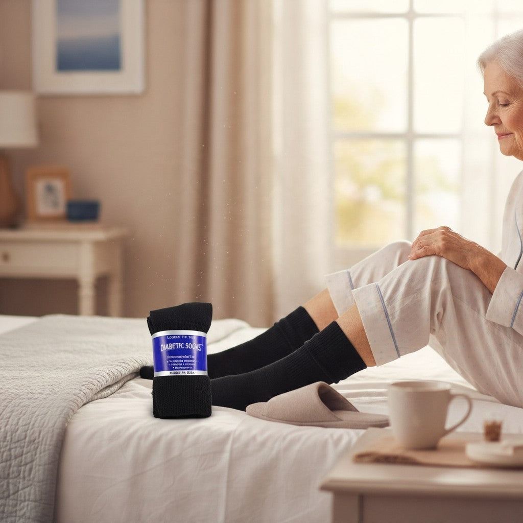 Allen's Bootery black non-binding crew diabetic socks worn by an elderly woman sitting on a bed.