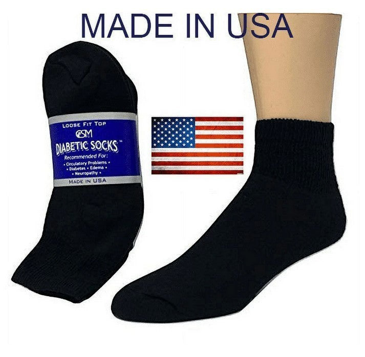 Allen's Bootery black diabetic socks with loose fit top, seamless construction, and cotton blend for circulation.