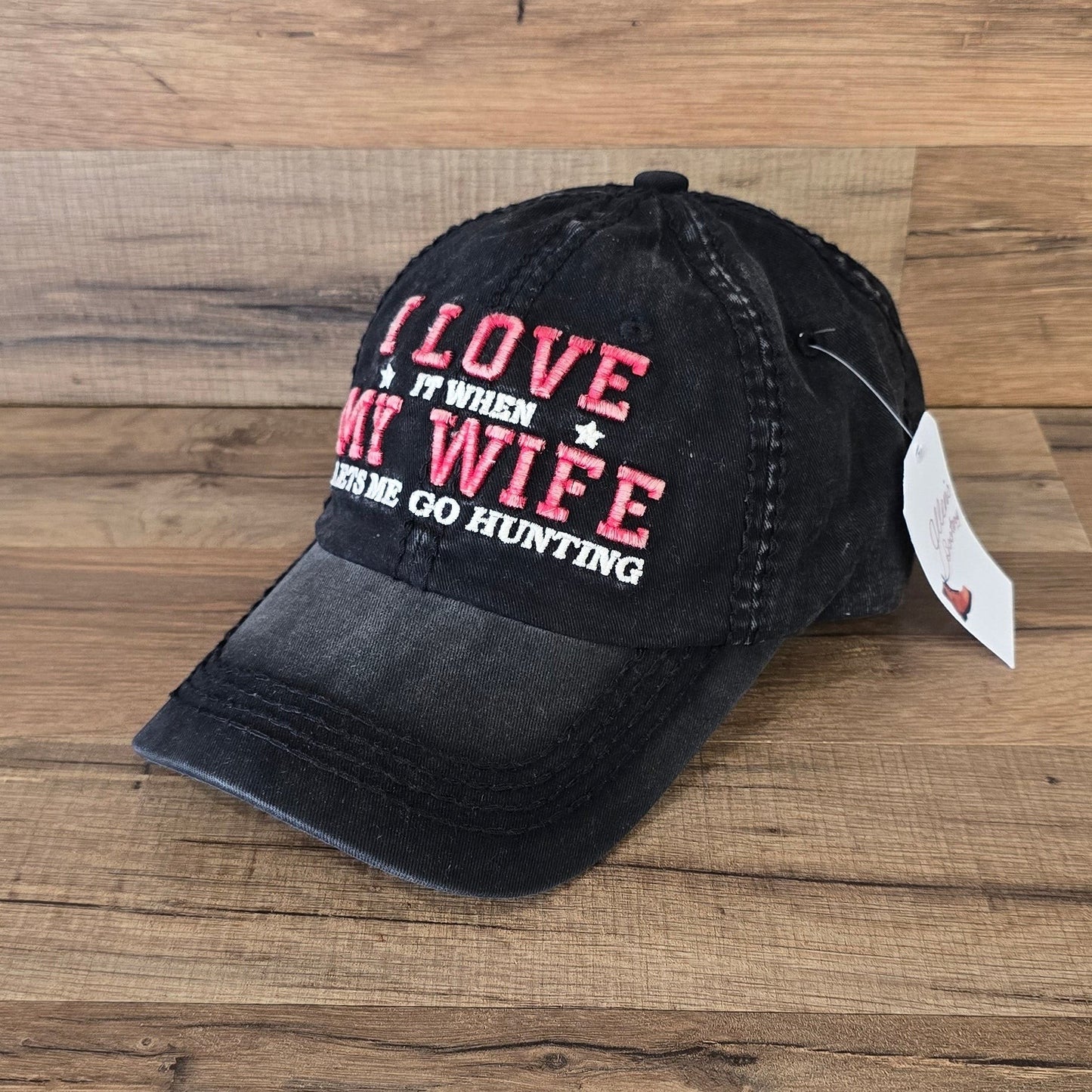 Allen's Bootery black distressed cotton baseball cap with red and white embroidered I Love It When My Wife text