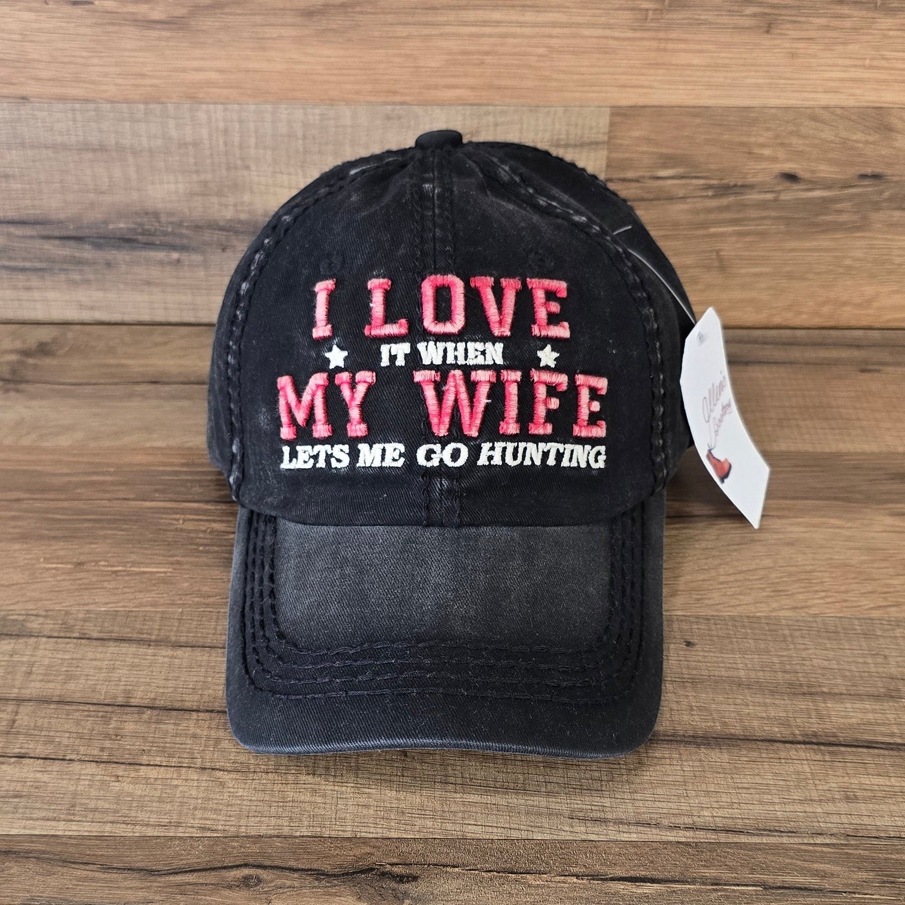 Allen's Bootery black distressed cotton baseball cap with red and white embroidered hunting humor text