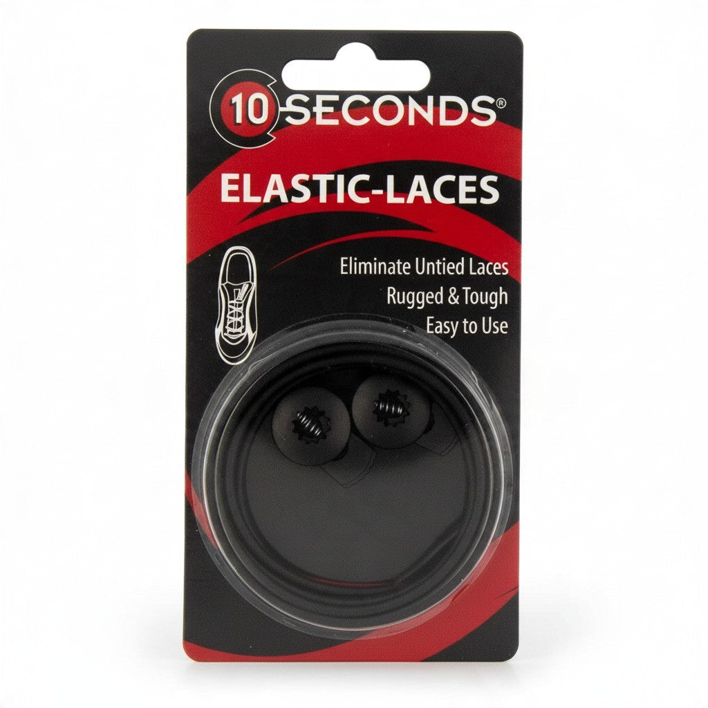 Allen's Bootery 10 Seconds black elastic shoelaces in retail packaging with locking mechanism for slip-on convenience.