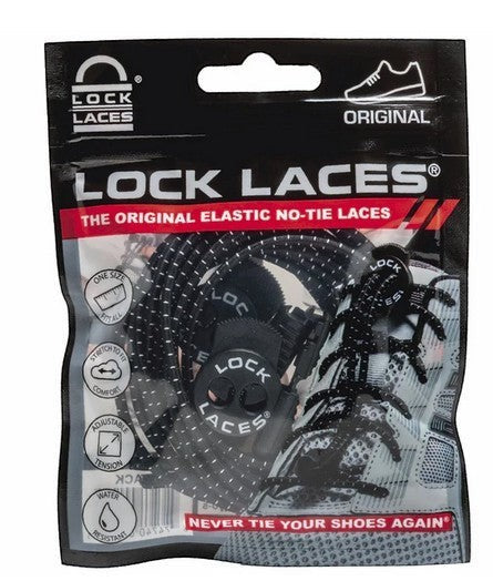 Allen's Bootery black Lock Laces elastic no-tie shoelaces in original retail packaging for sports and casual wear.