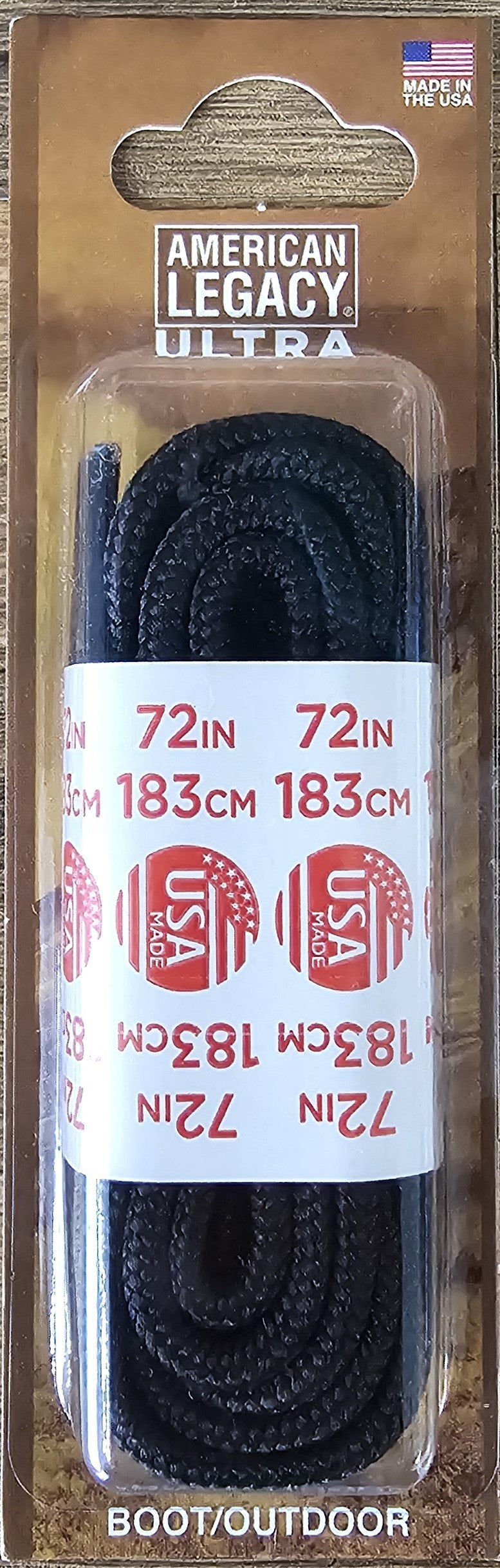 Allen's Bootery American Legacy Ultra 72-inch black coreless hiker boot laces in retail packaging