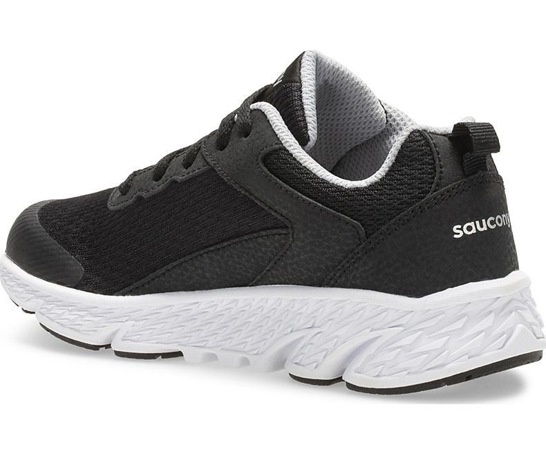 Allen's Bootery Little Kid's Wind black sneakers with leather and mesh upper, white EVA midsole, and lace closure.