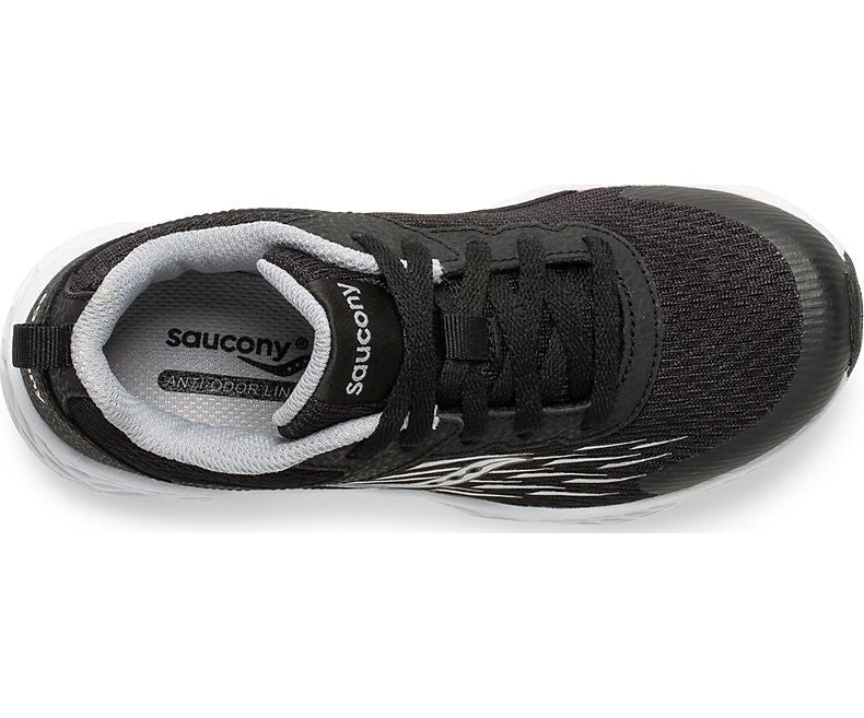Allen's Bootery Little Kid's Wind black sneaker with breathable mesh, leather upper, and white EVA cushioned midsole.