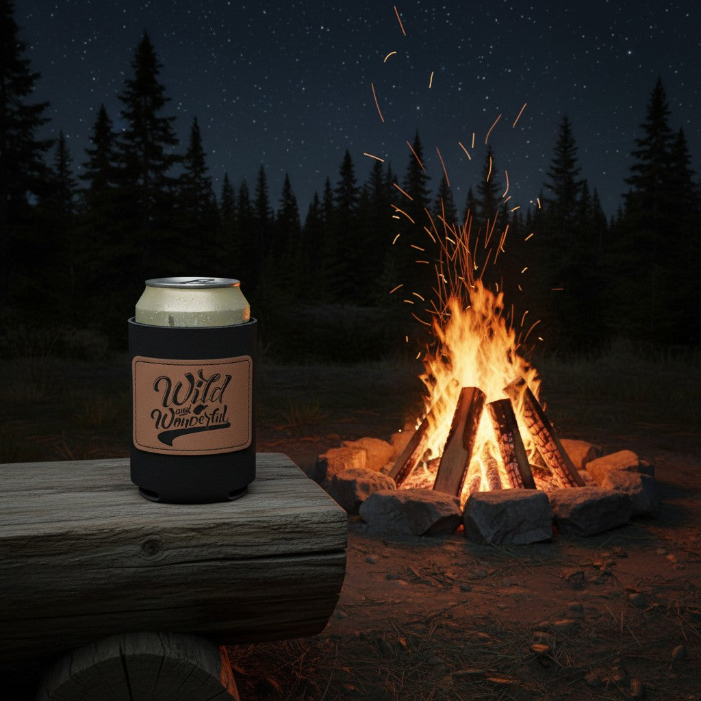 Allen's Bootery black foam can koozie with a leather patch featuring Wild & Wonderful text by a campfire at night