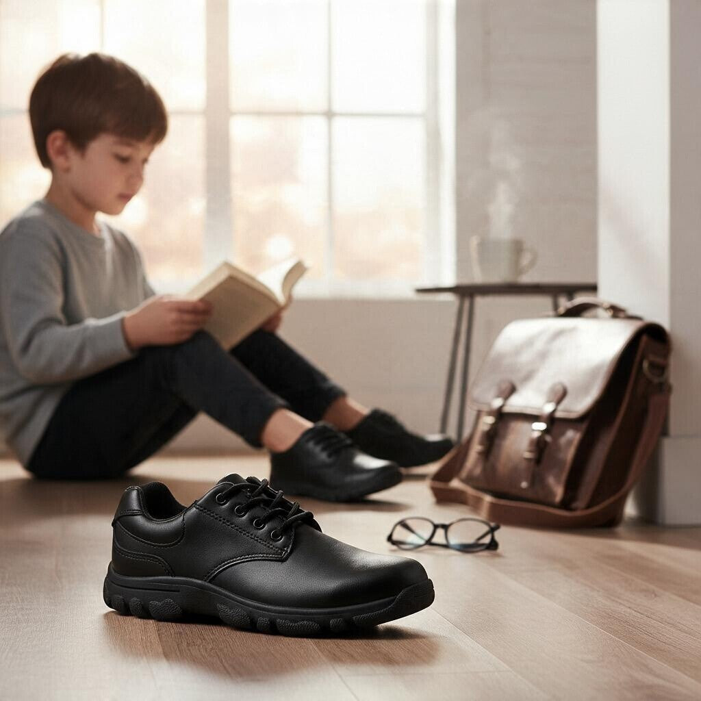 Allen's Bootery black leather lace-up shoes for toddlers, featuring a durable sole and comfortable memory foam footbed.